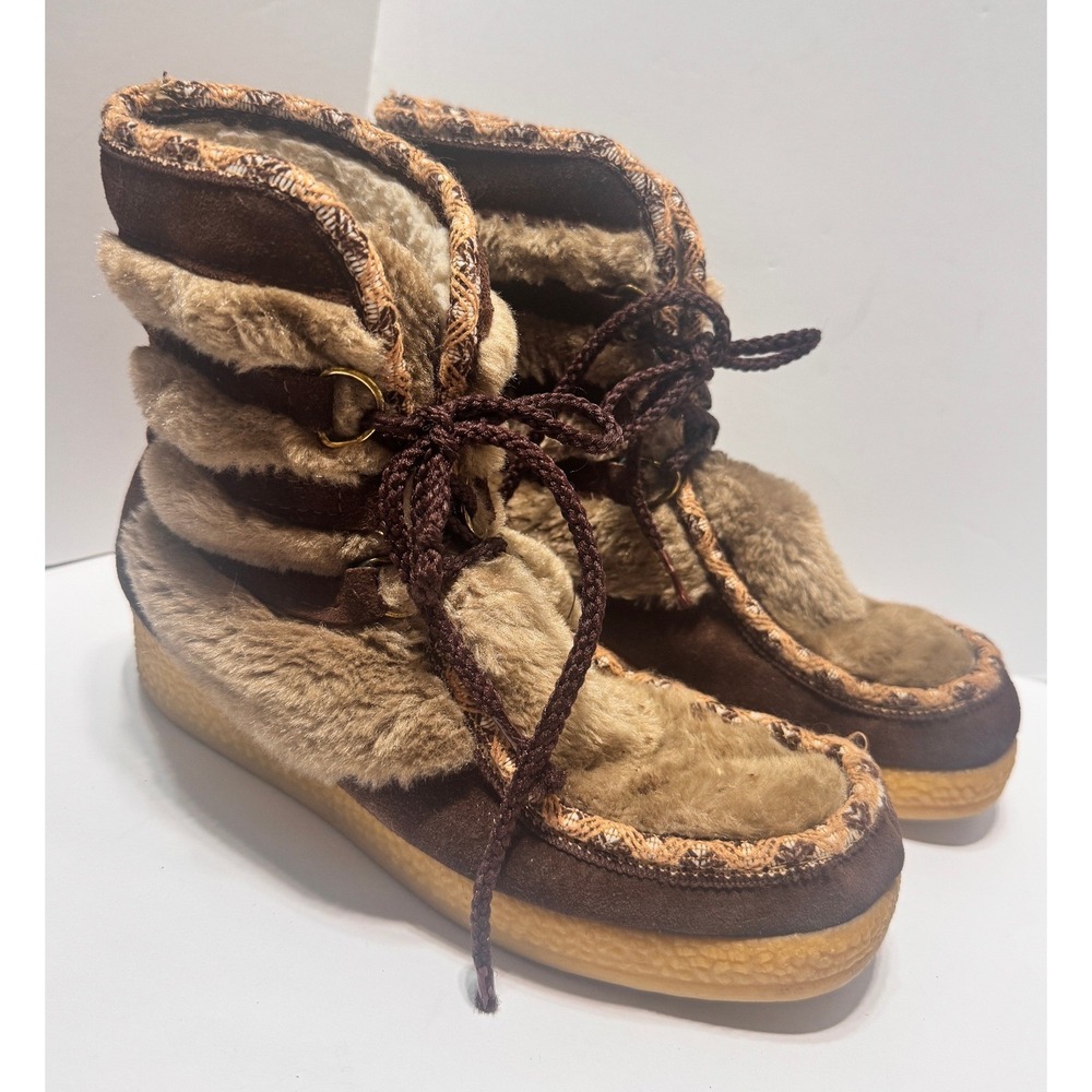 Vintage 70s Yodelers Faux Fur Suede Snow Boots Brown Apres Ski Retro Womens 8